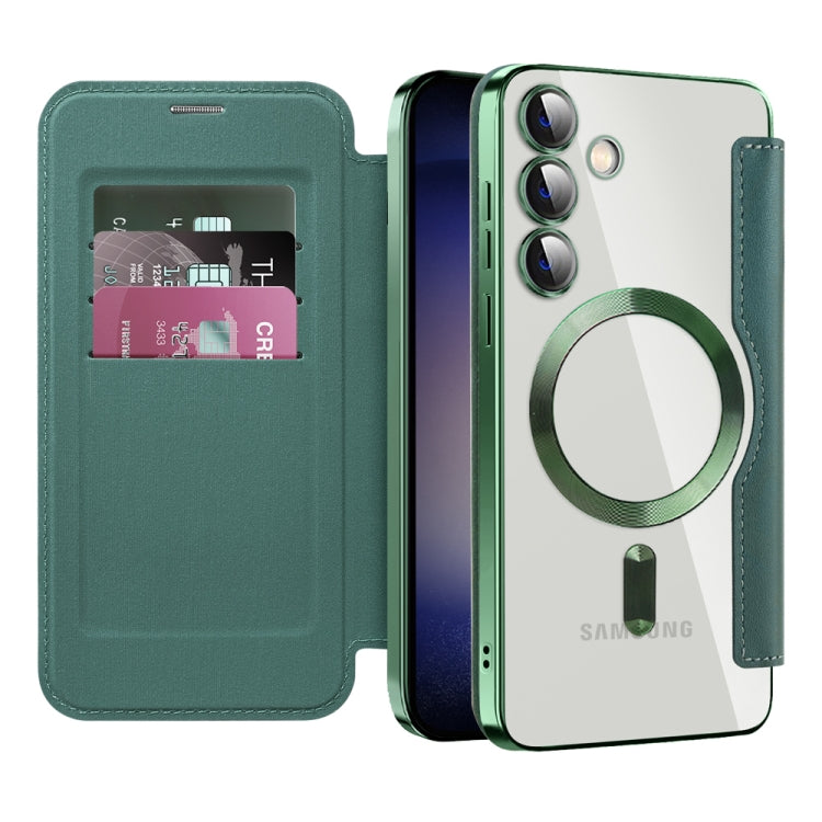 For Samsung Galaxy S25+ 5G Shield MagSafe RFID Anti-theft Rhombus Leather Phone Case(Green)