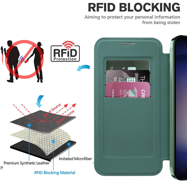 For Samsung Galaxy S25+ 5G Shield MagSafe RFID Anti-theft Rhombus Leather Phone Case(Green)