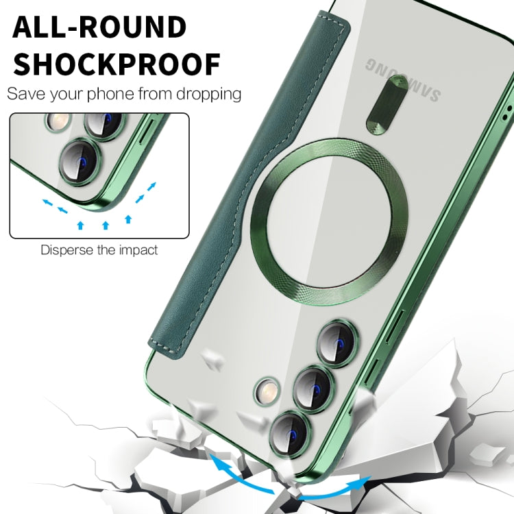 For Samsung Galaxy S25+ 5G Shield MagSafe RFID Anti-theft Rhombus Leather Phone Case(Green)