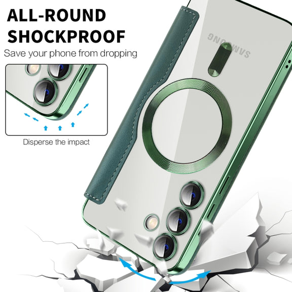 For Samsung Galaxy S25+ 5G Shield MagSafe RFID Anti-theft Rhombus Leather Phone Case(Green)
