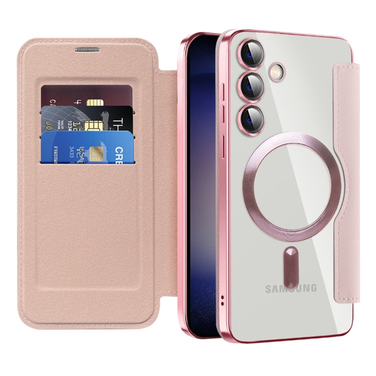For Samsung Galaxy S25+ 5G Shield MagSafe RFID Anti-theft Rhombus Leather Phone Case(Pink)