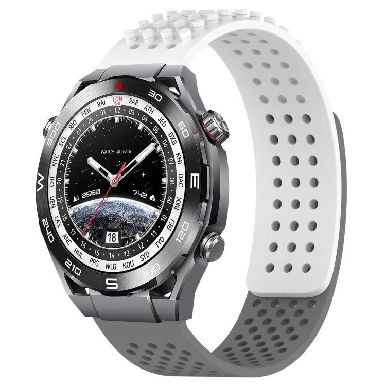 For Huawei Watch Ultimate 22mm Holes Breathable 3D Dots Silicone Watch Band(White+Grey)
