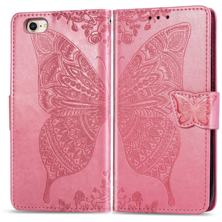 For iPhone 16e Butterfly Love Flower Embossed Leather Phone Case(Pink)