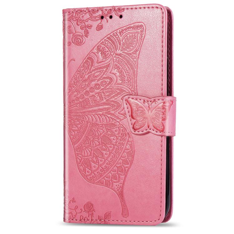For iPhone 16e Butterfly Love Flower Embossed Leather Phone Case(Pink)