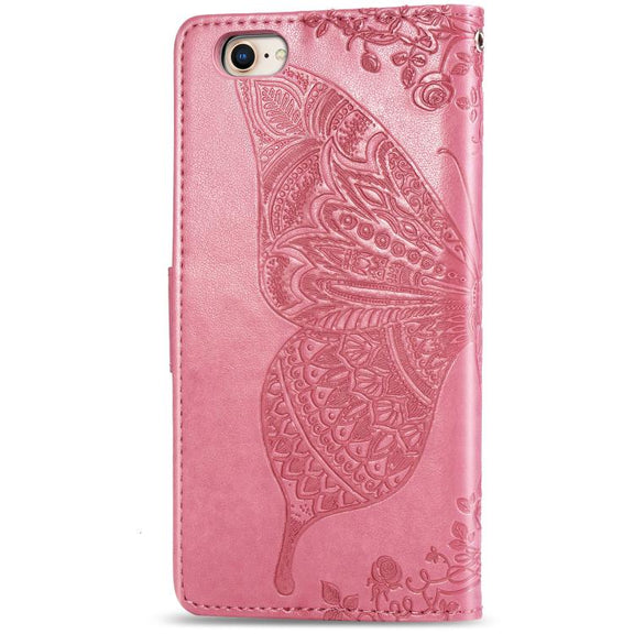 For iPhone 16e Butterfly Love Flower Embossed Leather Phone Case(Pink)