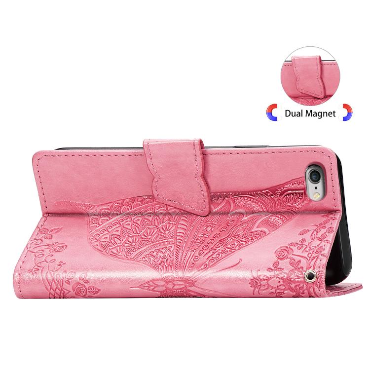 For iPhone 16e Butterfly Love Flower Embossed Leather Phone Case(Pink)