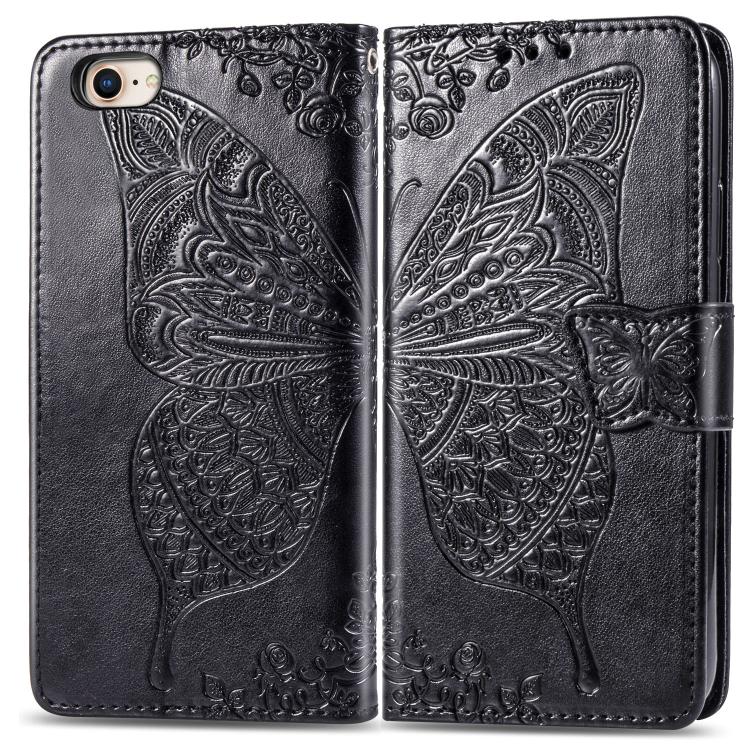 For iPhone 16e Butterfly Love Flower Embossed Leather Phone Case(Black)
