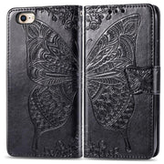 For iPhone 16e Butterfly Love Flower Embossed Leather Phone Case(Black)