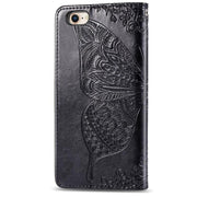For iPhone 16e Butterfly Love Flower Embossed Leather Phone Case(Black)
