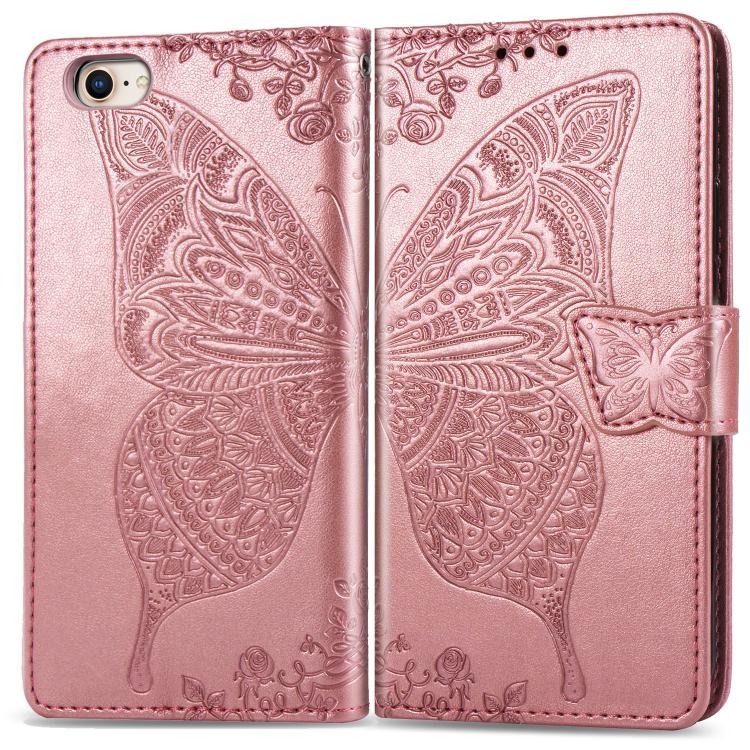 For iPhone 16e Butterfly Love Flower Embossed Leather Phone Case(Rose Gold)