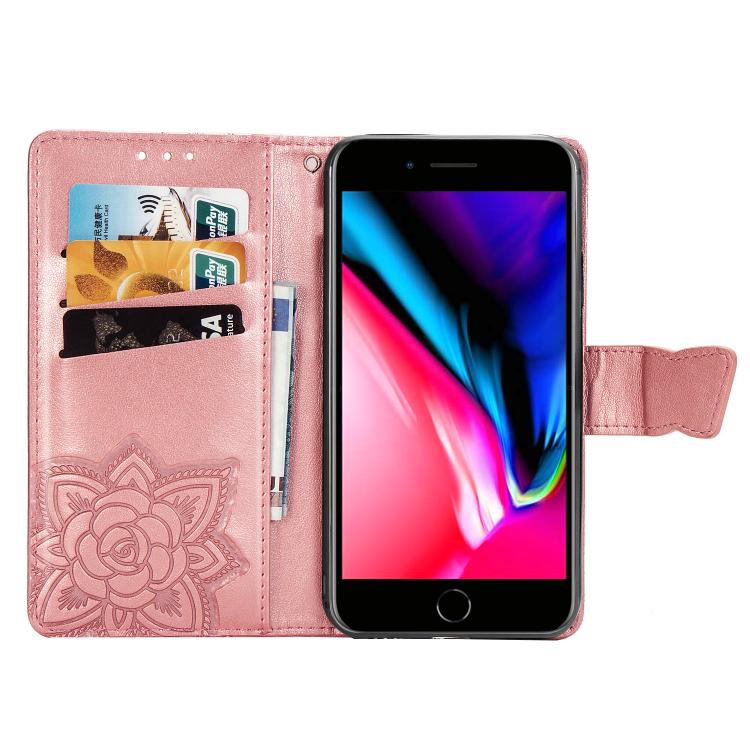 For iPhone 16e Butterfly Love Flower Embossed Leather Phone Case(Rose Gold)