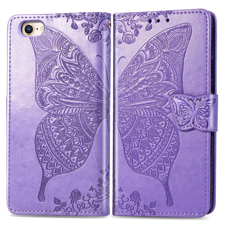 For iPhone 16e Butterfly Love Flower Embossed Leather Phone Case(Lavender)