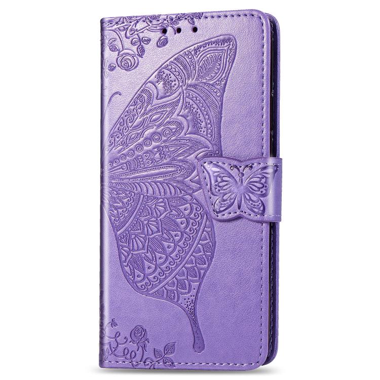 For iPhone 16e Butterfly Love Flower Embossed Leather Phone Case(Lavender)