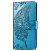 For iPhone 16e Butterfly Love Flower Embossed Leather Phone Case(Blue)