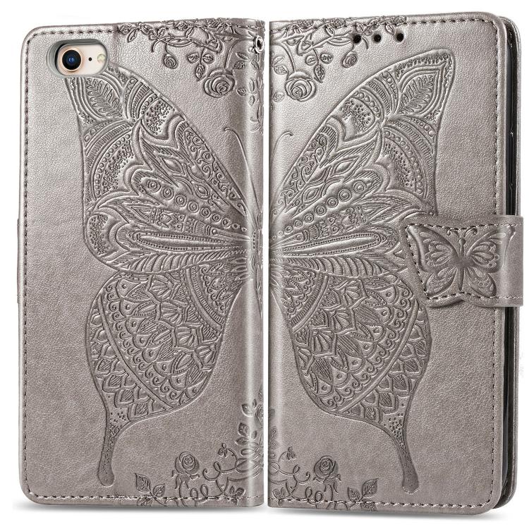 For iPhone 16e Butterfly Love Flower Embossed Leather Phone Case(Gray)