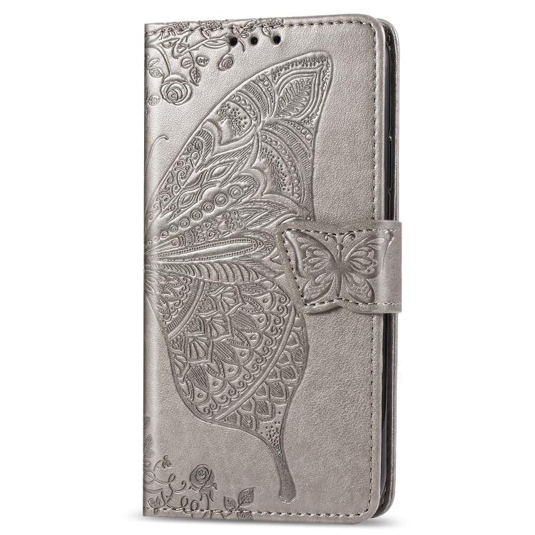 For iPhone 16e Butterfly Love Flower Embossed Leather Phone Case(Gray)