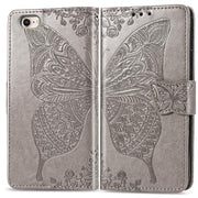 For iPhone 16e Butterfly Love Flower Embossed Leather Phone Case(Gray)