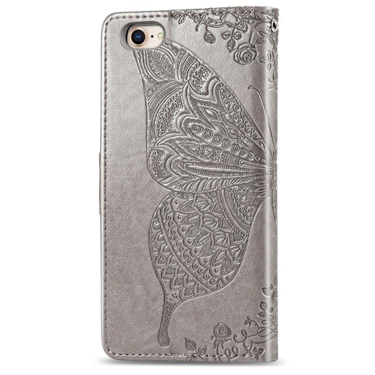 For iPhone 16e Butterfly Love Flower Embossed Leather Phone Case(Gray)