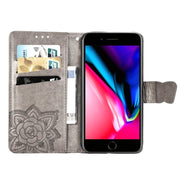 For iPhone 16e Butterfly Love Flower Embossed Leather Phone Case(Gray)
