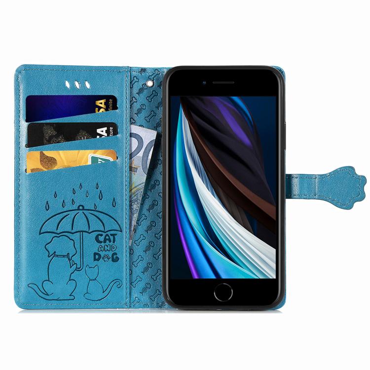 For iPhone 16e Cat and Dog Embossed Leather Phone Case(Blue)