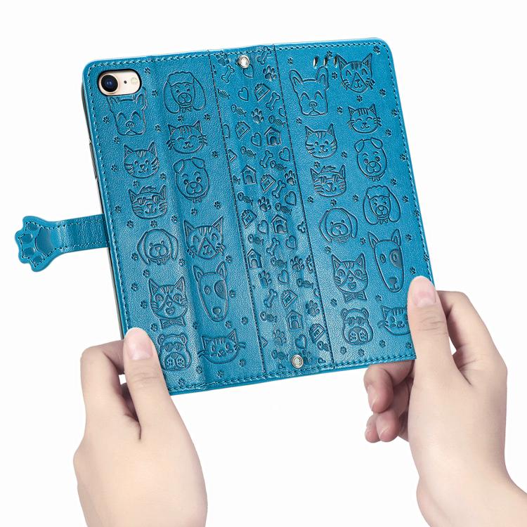 For iPhone 16e Cat and Dog Embossed Leather Phone Case(Blue)