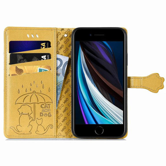 For iPhone 16e Cat and Dog Embossed Leather Phone Case(Yellow)