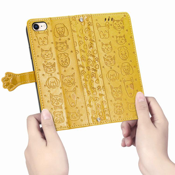 For iPhone 16e Cat and Dog Embossed Leather Phone Case(Yellow)