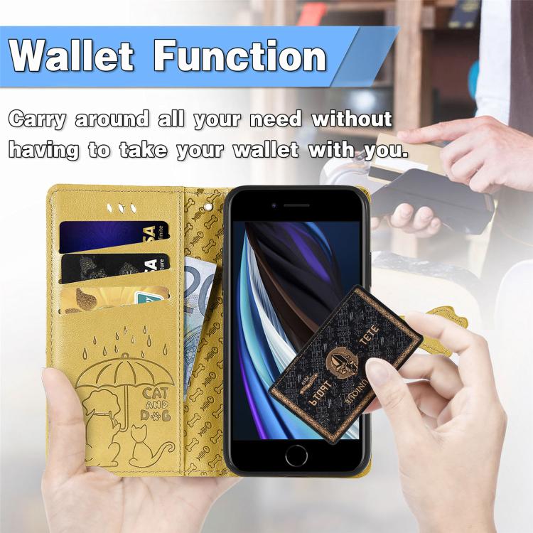 For iPhone 16e Cat and Dog Embossed Leather Phone Case(Yellow)