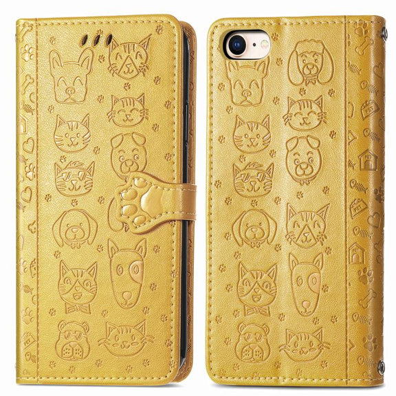 For iPhone 16e Cat and Dog Embossed Leather Phone Case(Yellow)