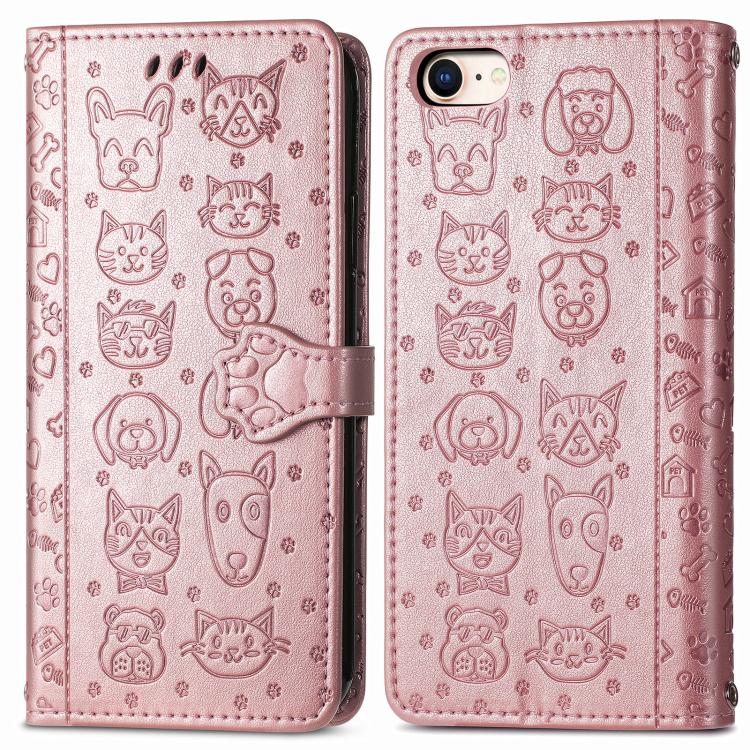 For iPhone 16e Cat and Dog Embossed Leather Phone Case(Rose Gold)