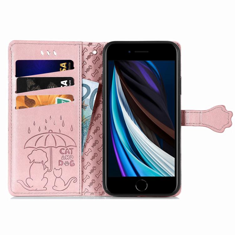 For iPhone 16e Cat and Dog Embossed Leather Phone Case(Rose Gold)