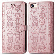 For iPhone 16e Cat and Dog Embossed Leather Phone Case(Rose Gold)