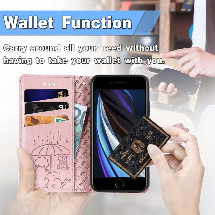 For iPhone 16e Cat and Dog Embossed Leather Phone Case(Rose Gold)