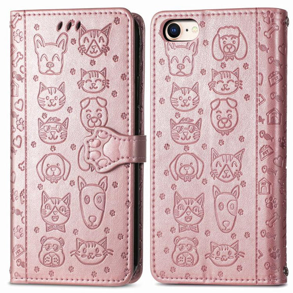For iPhone 16e Cat and Dog Embossed Leather Phone Case(Rose Gold)