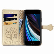 For iPhone 16e Cat and Dog Embossed Leather Phone Case(Gold)