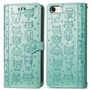 For iPhone 16e Cat and Dog Embossed Leather Phone Case(Green)
