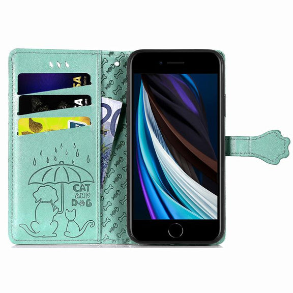 For iPhone 16e Cat and Dog Embossed Leather Phone Case(Green)