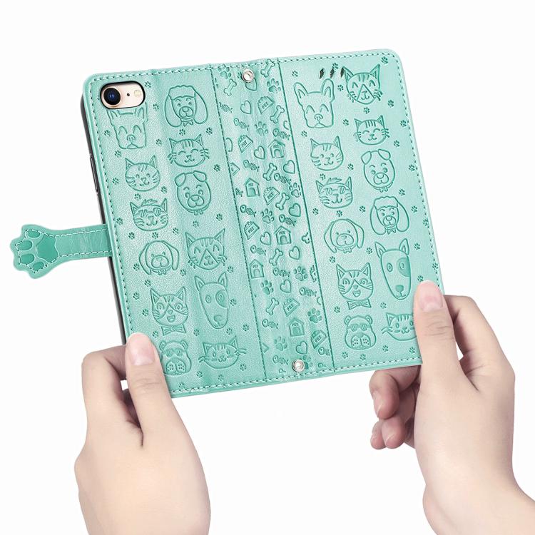For iPhone 16e Cat and Dog Embossed Leather Phone Case(Green)