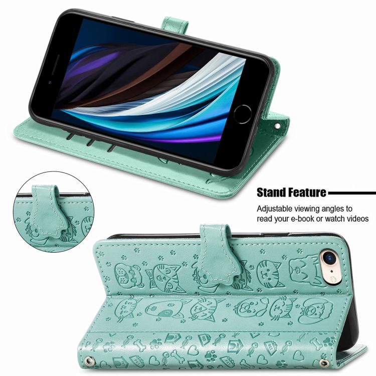 For iPhone 16e Cat and Dog Embossed Leather Phone Case(Green)