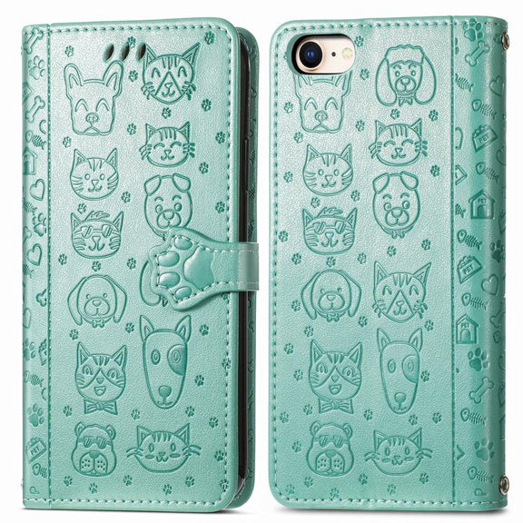 For iPhone 16e Cat and Dog Embossed Leather Phone Case(Green)