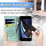 For iPhone 16e Cat and Dog Embossed Leather Phone Case(Green)