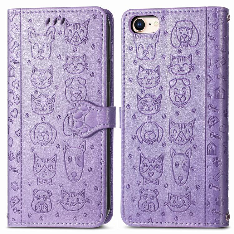 For iPhone 16e Cat and Dog Embossed Leather Phone Case(Purple)