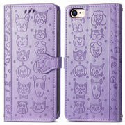 For iPhone 16e Cat and Dog Embossed Leather Phone Case(Purple)