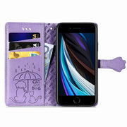 For iPhone 16e Cat and Dog Embossed Leather Phone Case(Purple)