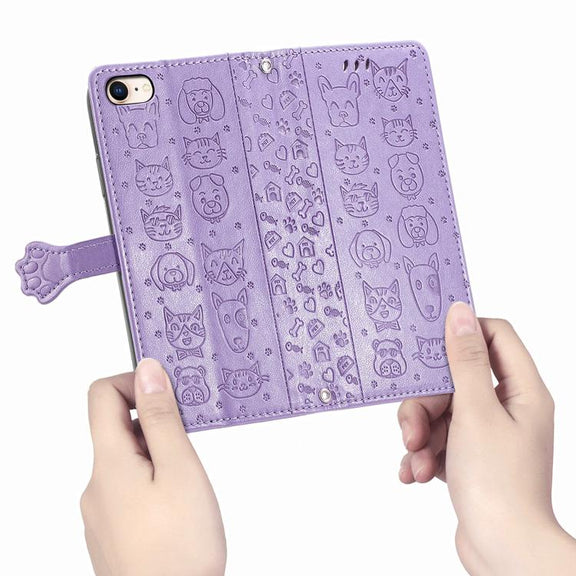 For iPhone 16e Cat and Dog Embossed Leather Phone Case(Purple)