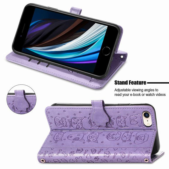 For iPhone 16e Cat and Dog Embossed Leather Phone Case(Purple)
