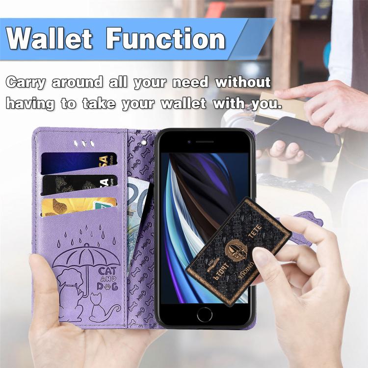 For iPhone 16e Cat and Dog Embossed Leather Phone Case(Purple)