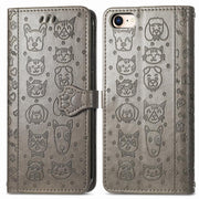 For iPhone 16e Cat and Dog Embossed Leather Phone Case(Gray)