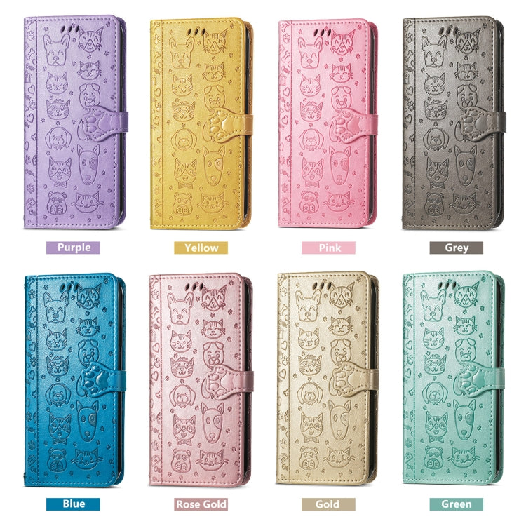 For iPhone 16e Cat and Dog Embossed Leather Phone Case(Green)