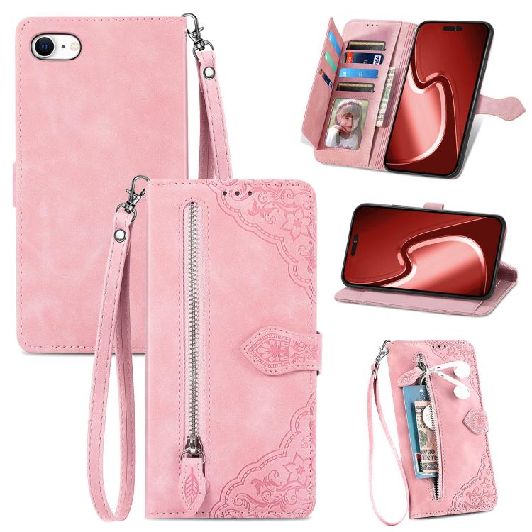 For iPhone 16e Embossed Flower Zipper Leather Phone Case(Pink)